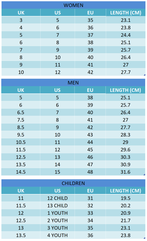 High Top Shoes Size Chart