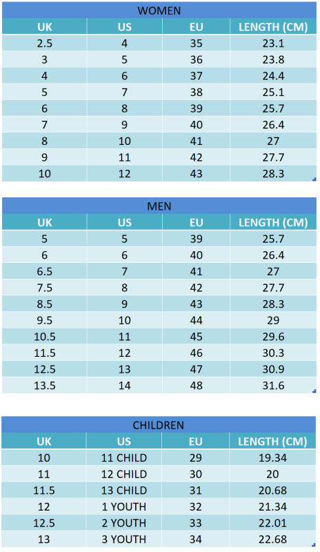 Running shoes Size Chart