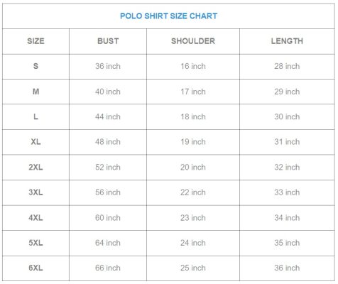 Zipper Polo Shirt Size Chart inch