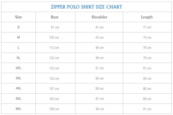 Zipper Polo Shirt Size Chart centimeter